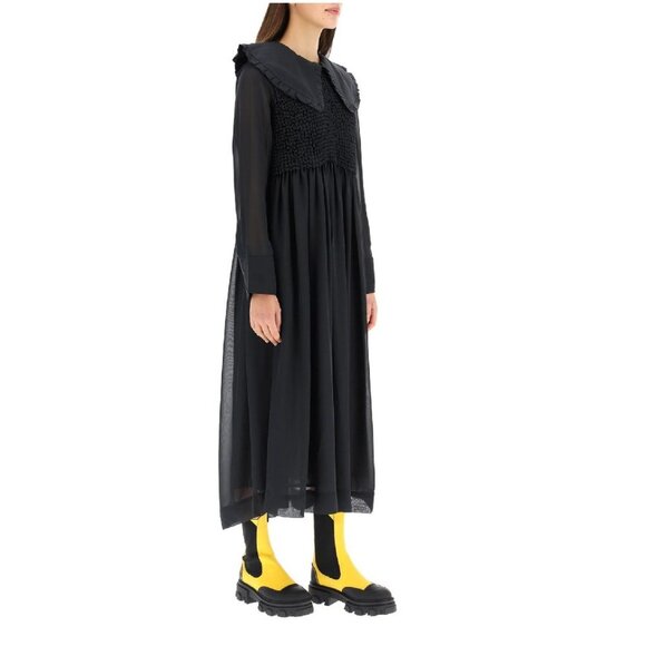 Ganni Smocked Bodice Long Sleeve Chiffon Dress - Picture 1 of 3